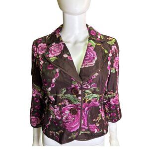 ECI New York Womens Brown Floral Embroidered Silk Blazer Jacket Size 4 Fall EUC